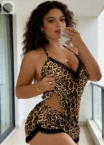 Leopard Print Lace Trim Lingerie Set Women's Sleeveless Top & Shorts 2 Piece Pajamas Sexy Soft Nightwear for Ladies Loungewear - Image 7