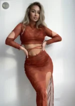 New Summer Women's Sexy Solid Color Long Sleeved Skirt Style Outer Shirt Split Bikini Swimsuit Set - Image 7