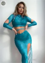 New Summer Women's Sexy Solid Color Long Sleeved Skirt Style Outer Shirt Split Bikini Swimsuit Set - Image 3