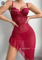 Sexy Lace Lacey Lingerie Set - Steel Ring Gathered Halter Top See-through Sexy Nightgown Set of 2 Pieces Including Underwear - Image 5