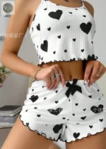 Pajamas Set Sleepwear 2 PCS Short Tank Tops And Shorts S M L White Ventilate Soft Casual Love Printing - Image 5