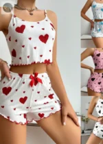 Pajamas Set Sleepwear 2 PCS Short Tank Tops And Shorts S M L White Ventilate Soft Casual Love Printing - Image 6