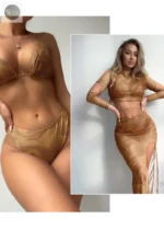 New Summer Women's Sexy Solid Color Long Sleeved Skirt Style Outer Shirt Split Bikini Swimsuit Set - Image 6