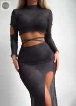 New Summer Women's Sexy Solid Color Long Sleeved Skirt Style Outer Shirt Split Bikini Swimsuit Set - Image 2