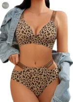 Sexy leopard print babes european and american plus size lingerie set female letter strap seamless ice silk no underwire bra for